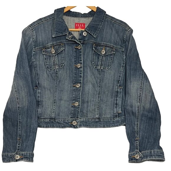 Elle Women's Denim Crop Jacket XL Cotton Blend Long Sleeve Button Up - Picture 1 of 16